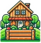 DALL·E 2025-03-03 09.55.42 - A cozy countryside house icon in a flat, cartoonish style with bold outlines. The house has a warm wooden texture, a welcoming front porch, and a lush